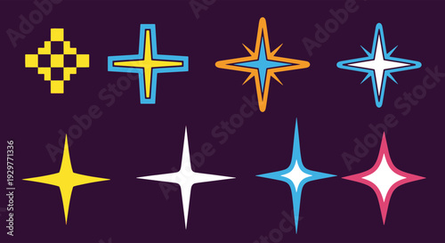 Assortment of Vibrant Four point Stars and Geometric Crosses Displaying Diverse Digital Designs