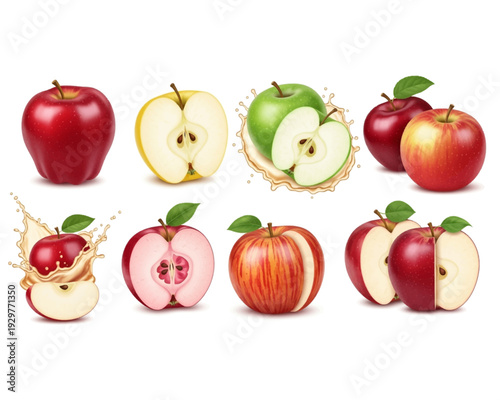 Exquisite vector illustration collection showcasing various ripe apples, including whole fruit, cross-sections, and dynamic juice splash designs.