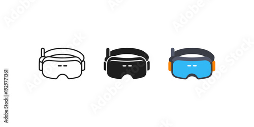 VR Headset Icons Set in Outline, Solid and Flat Style on Light Background