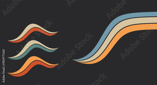 Dynamic Colorful Wavy Stripes Pattern on Dark Grey Representing Fluid Motion and Retro Design Aesthetic