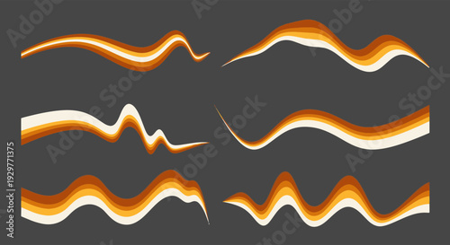 Collection of Six Dynamic Flowing Horizontal Wave Patterns with Striped Layers in Retro Warm Earthy Tones