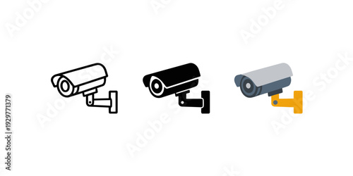 Security Camera Icons Set in Outline, Solid and Flat Style on Light Background