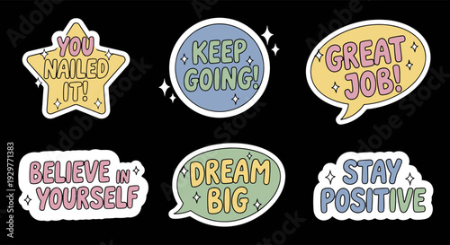 Collection of Six Cheerful Motivational Phrases in a Fun Cartoon Style Perfect for Encouragement