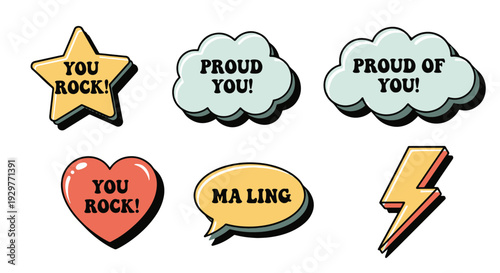 Photos Retro Style Affirmation Badges Set with Stars Hearts Clouds and Speech Bubbles f