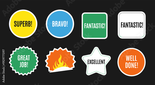 Group of Colorful Positive Feedback Badges and Labels with Encouraging Messages for Accomplishment