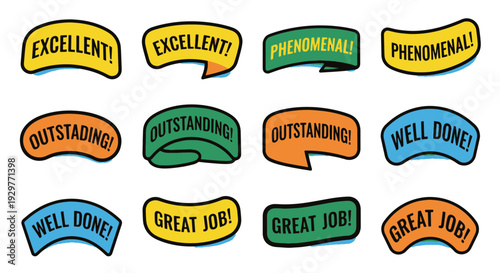 Collection of Hand drawn Praise Labels with Positive Motivational Messages for Achievement and Reward Concepts