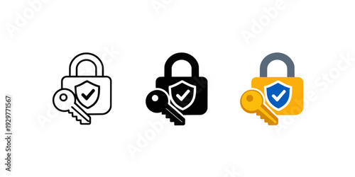 Padlock with Key Security Icons Set Vector