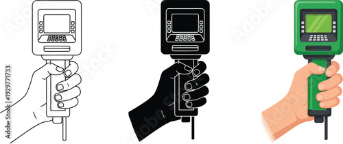 Hand holding a soil moisture meter collection of vector illustrations in outline silhouette and color for agriculture and gardening concepts