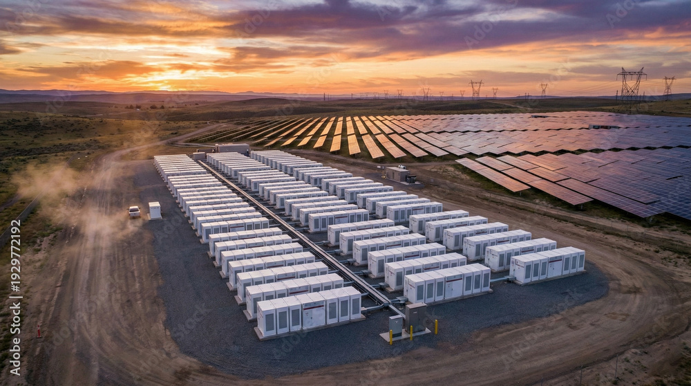 Fototapeta premium Aerial view of a utility-scale battery energy storage system (BESS) alongside a massive solar farm at sunset.