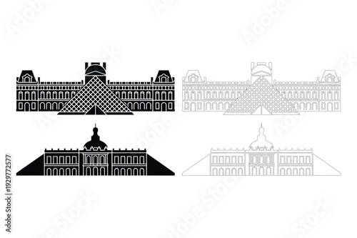 Louvre Museum and Palace Parisian Landmark Vector Icons