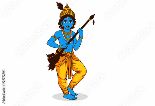 Artistic Representation of Mythological Blue-Skinned Figure Playing String Instrument with Ornate Attire and Decorative Headpiece, Symbolizing Harmony