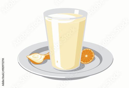 Artistic depiction of a refreshing creamy yogurt and orange smoothie served in a clear glass on a plate with a slice of orange and a dollop of yogurt