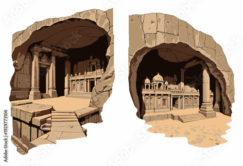 Ancient Rock-Cut Temple Entrances with Intricate Carvings and Pillars Set in a Deserted Cave Location Showcasing Historical Architectural Design