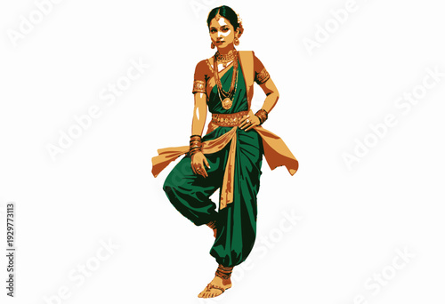 Colorful Traditional Dance Costume Adorned with Gold Jewelry and Intricate Patterns Worn by a Graceful Classical Indian Dancer in Exquisite Performance Pose