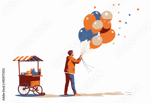 Joyful Street Vendor with Colorful Balloons and Cart in a Bright Minimalistic Setting