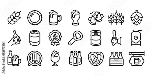 Vector set of beer icons and symbols related to brewing and drinking