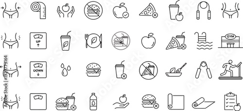 Weight loss and fitness icons set body shape scale and exercise equipment