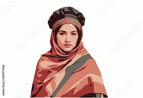 Digital Illustration of Woman in Traditional Attire with Embroidered Headscarf and Rich Colors Conveying Cultural Heritage and Graceful Expression