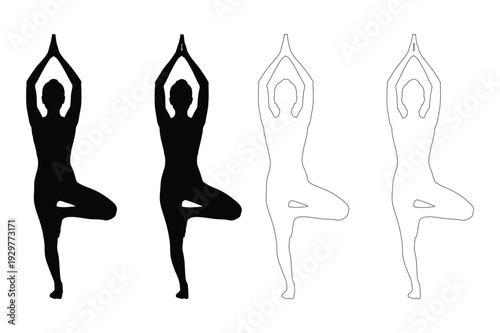 Yoga Tree Pose Silhouettes and Outlines