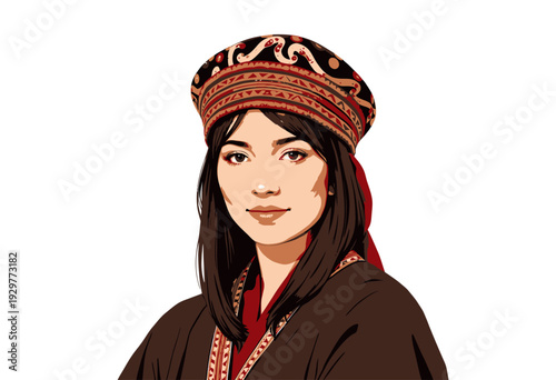 Illustration of a Woman in Traditional Cultural Attire with Intricate Embroidery and Vibrant Colors Wearing a Unique Patterned Headpiece Against a Neutral Background