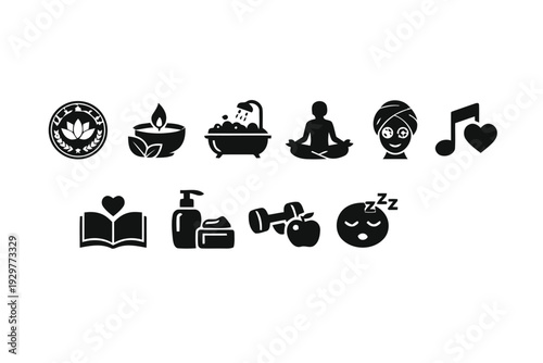 Wellness and self care icons including yoga meditation and spa bath with bath bombs