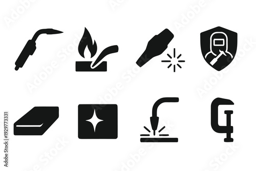 Welding tools and equipment icons set metal fabrication and safety symbols