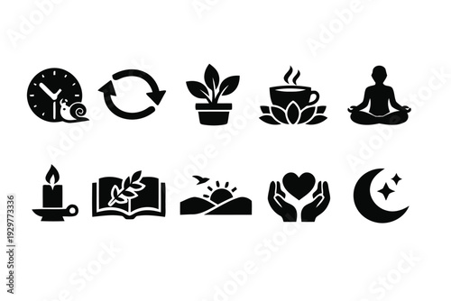 Wellness and self-care icons for relaxation and healthy lifestyle
