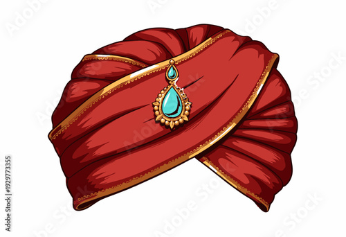 Intricately Designed Red Turban Adorned with an Elegant Blue Jewel and Gold Detailing Symbolizing Cultural Heritage and Regal Elegance