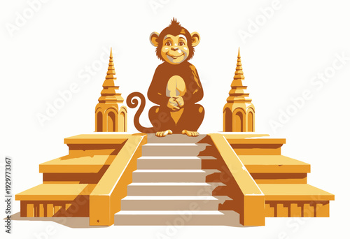 Cheerful Monkey Sitting on Golden Temple Steps Symbolizing Harmony and Playfulness in a Vibrant Cultural Setting Amidst Majestic Architecture