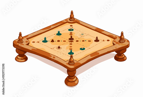 Intricate Carrom Board with Wooden Frame and Colorful Striker Surrounded by Bordered Playing Area and Four Corner Pockets