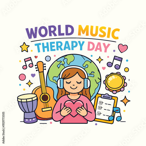 Illustration celebrating world music therapy day with a girl listening to music and instruments high-quality