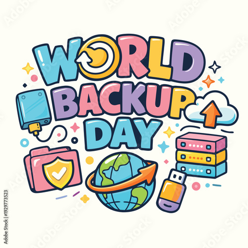 Colorful illustration promoting world backup day with digital storage devices and a globe high-quality professional