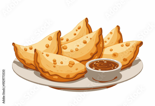 A delicious array of golden-brown empanadas placed elegantly on a white plate served with a side of savory dipping sauce