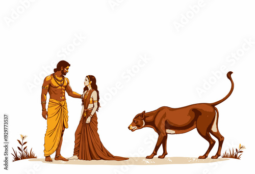 Ancient Couple Engaged in Deep Conversation Beside Majestic Bull Amidst Natural Setting, Capturing Cultural Essence and Mystique of Classic Heritage