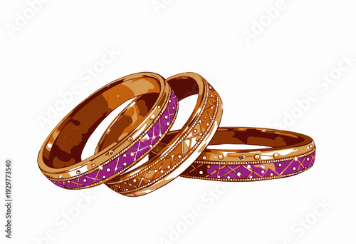Intricately Designed Colorful Bangles with Detailed Patterns and Gold Accents Depicting Traditional Craftsmanship on Vibrant Purple and Orange Background