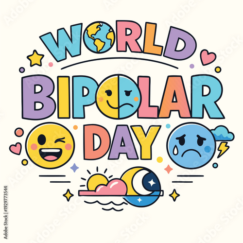 Colorful illustration promoting world bipolar day with expressive faces and celestial elements high-quality professional detailed
