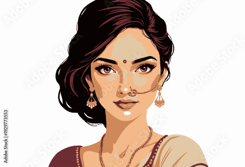 Illustration of a Woman with Traditional Jewelry, Wearing a Saree with Elegant Hairstyle and Facial Features