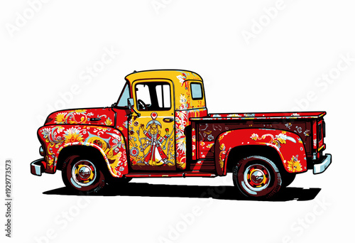 Vibrant Vintage Truck with Intricate Artistic Design Showcasing Colorful Cultural Patterns and Traditional Motifs on a Classic Automobile Body