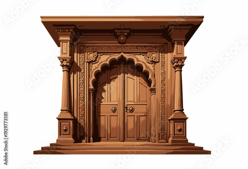 Intricately Carved Wooden Doorway with Traditional Archway and Ornate Pillars Showcasing Masterful Craftsmanship in Elegant Architectural Design