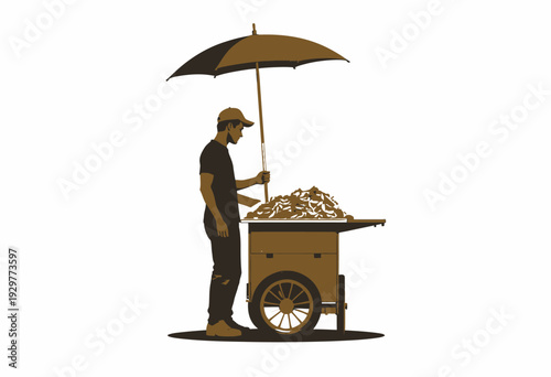 Street food vendor standing beside a cart piled high with crispy golden chips and shaded by a large umbrella in a minimalist illustration