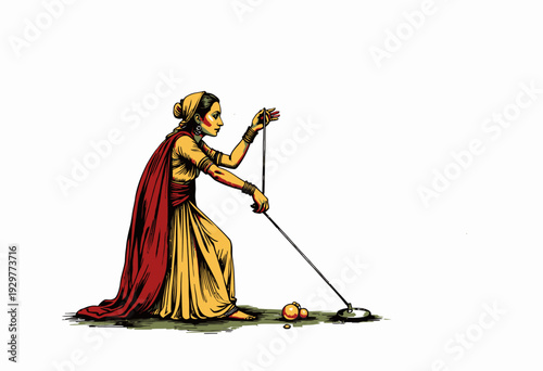 A Traditional Scene Depicting a Woman in Vibrant Attire Skillfully Performing an Ancient Craft with Focused Precision and Cultural Significance