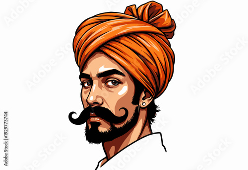 Portrait of a Man with Distinctive Orange Turban and Prominent Curled Mustache in Traditional Attire Facing Forward Against a Plain White Background