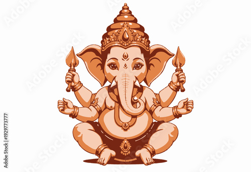 Intricate Illustration of Ganesha with Traditional Adornments and Multiple Arms Holding Sacred Objects in Vibrant Colors against a White Background