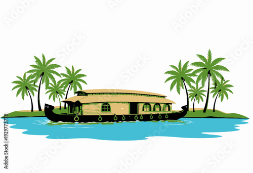 Traditional houseboat floating serenely on tranquil waters surrounded by lush palm trees, evoking a sense of tropical paradise and peaceful relaxation