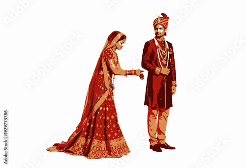 Traditional Indian Wedding Attire: A Bride and Groom in Vibrant Red and Gold Garments Showcasing Timeless Cultural Elegance and Nuptial Joy