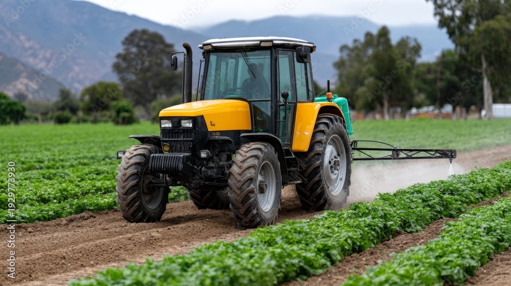 Obraz premium Modern tractor spraying crops in lush farmland with mountains