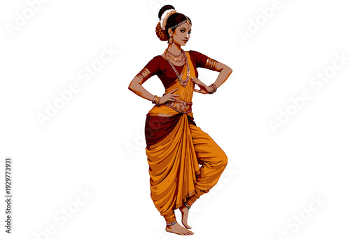 Graceful Traditional Dance Pose Featuring a Dancer in Vibrant Indian Attire with Intricate Jewelry and Floral Hair Adornment