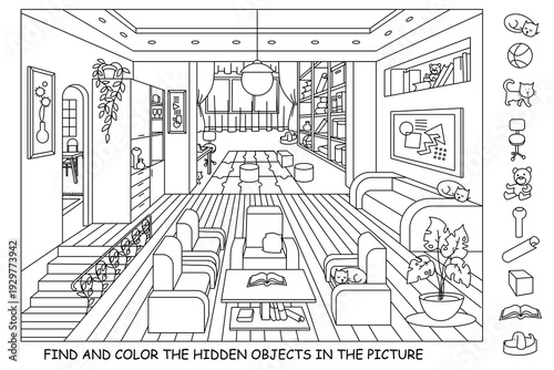 Find and color hidden objects. Rooms interior with furniture and home objects. Coloring page. Cozy family room. Linear sketch vector illustration