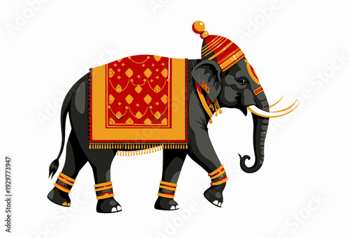 Majestic Elephant Adorned with Intricate Traditional Ornaments and Richly Colored Tapestry Walking in Graceful Elegance