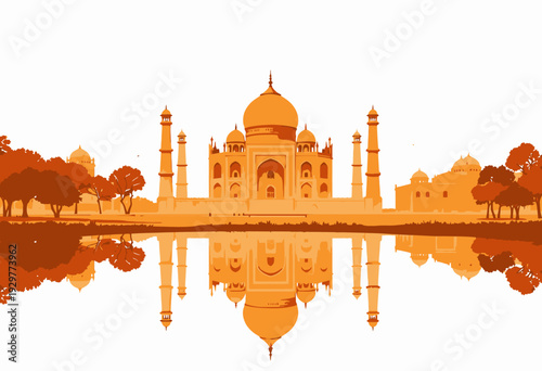 Majestic Orange Architectural Wonder Reflecting Elegantly in Clear Waters Amidst Tranquil Trees and Serene Sky Background